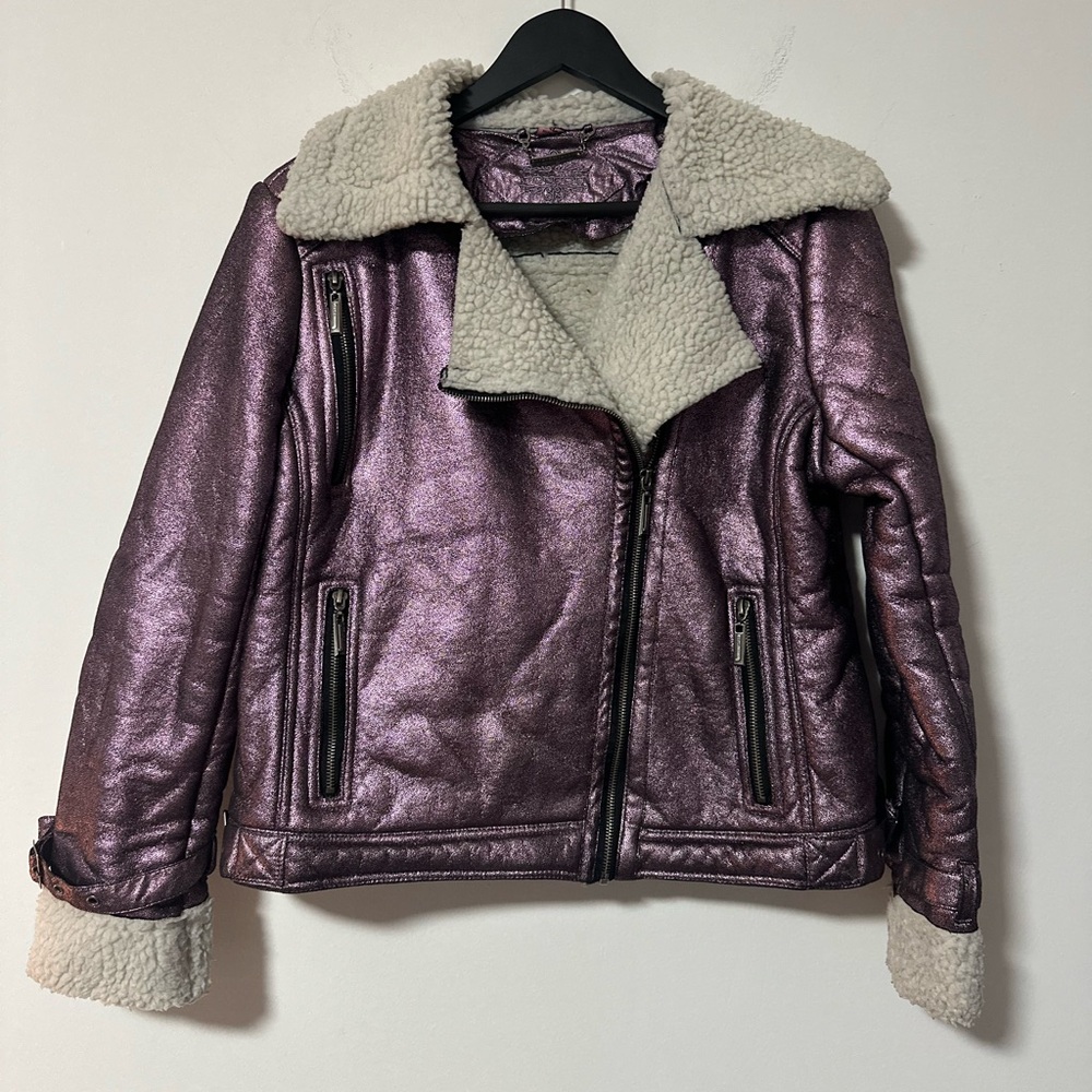 Jou Jou purple metallic faux leather aviator jacket shearling collar and trim
